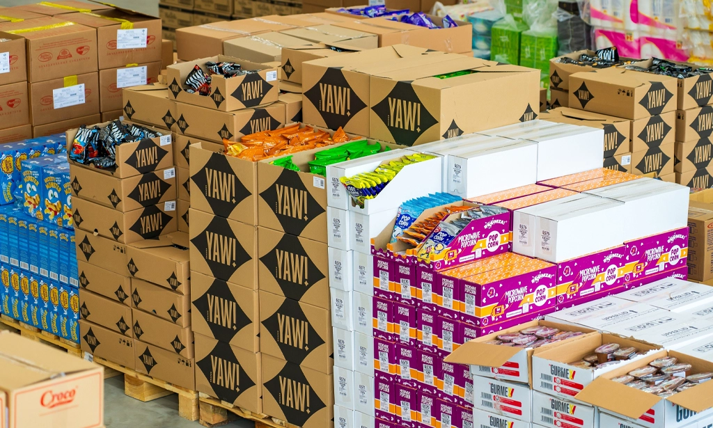 Stacks of boxes with packaged food