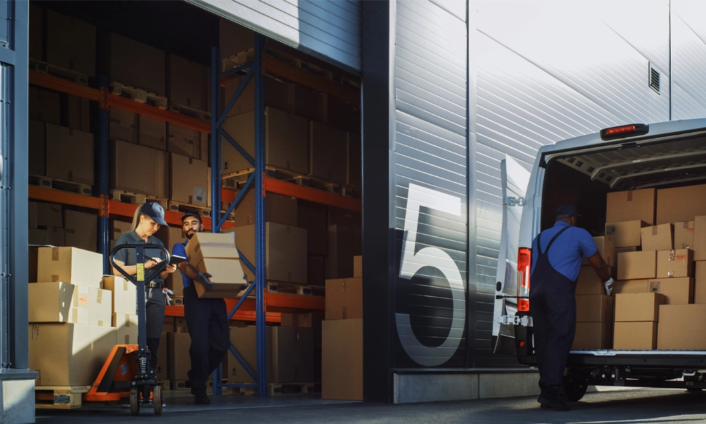 Loading doc with workers loading a van with boxes