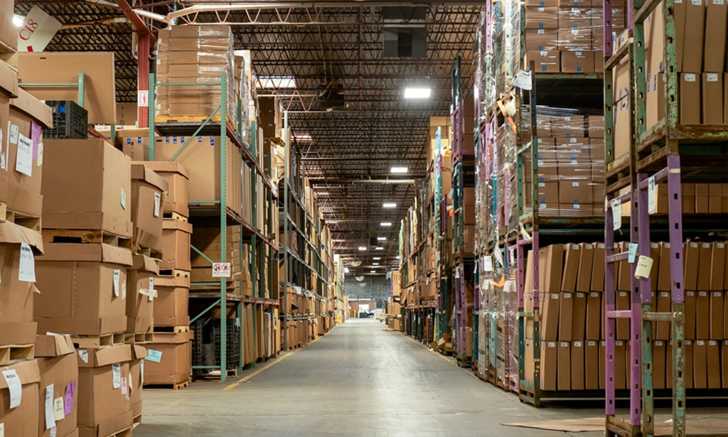 Landaal warehouse with shelves of boxes