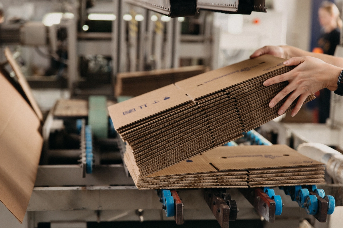 Flat corrugate boxes being put into a machine